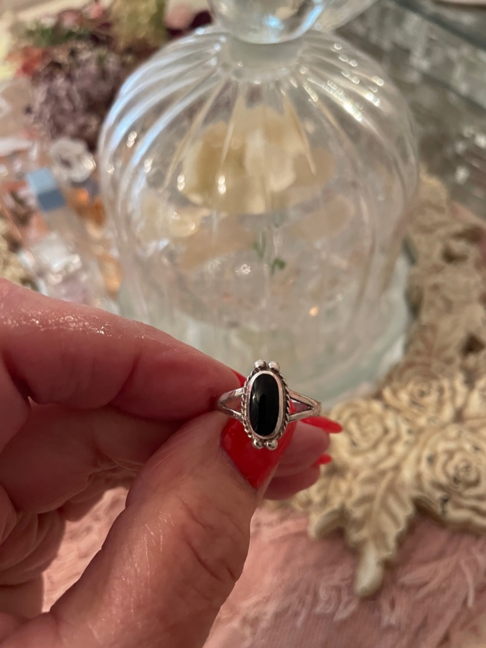 Sterling Silver Black Onyx Oval Ring for Women